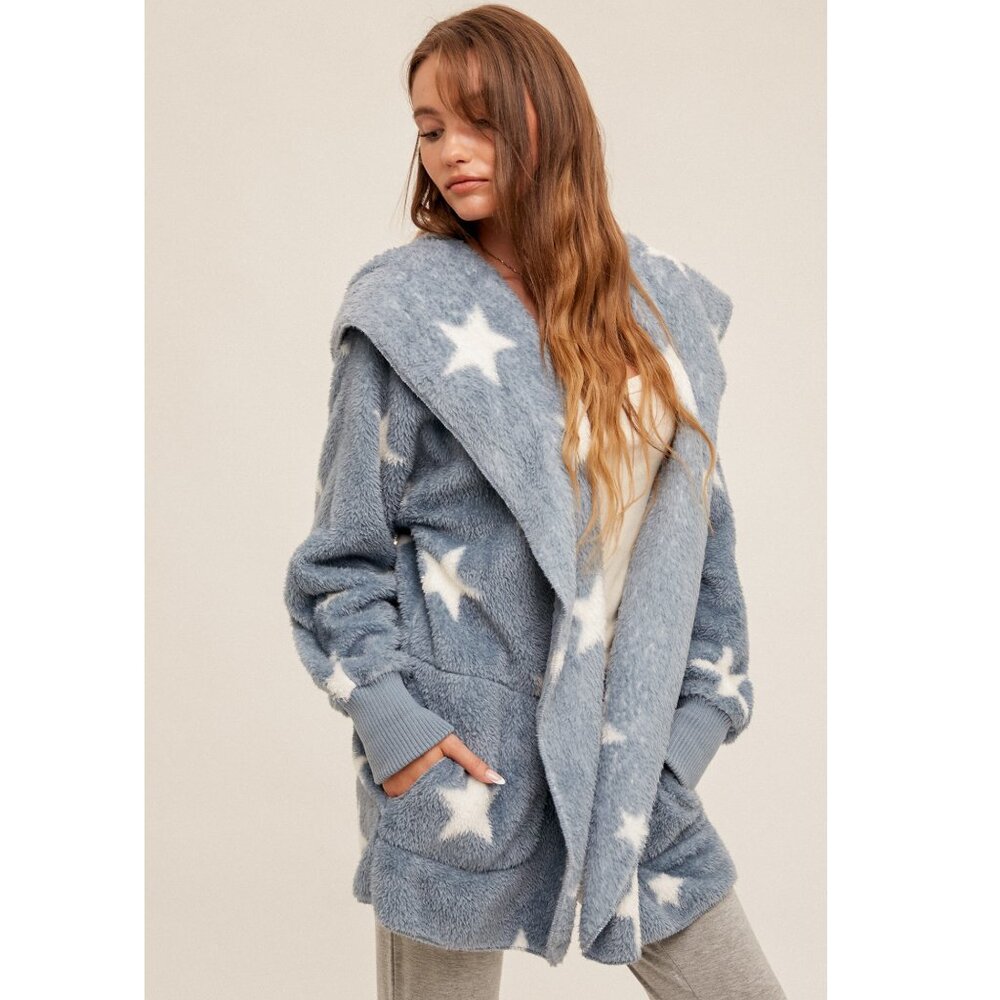 NEW Boutique Hooded Star Teddy Jacket Cozy Sherpa Fleece Weekend Furry Soft Warm